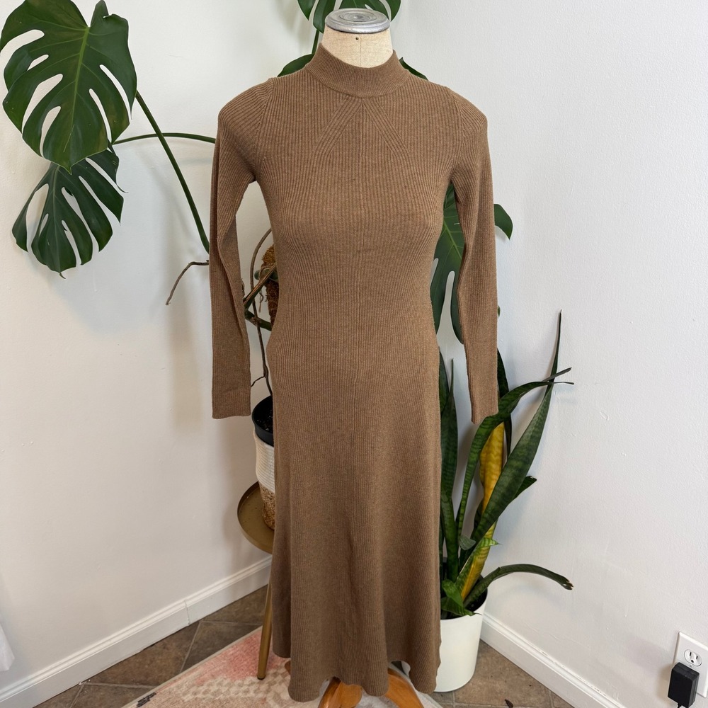 MNG Ribbed Mock Neck Long Sleeve Maxi Sweater Dress Brown Size M